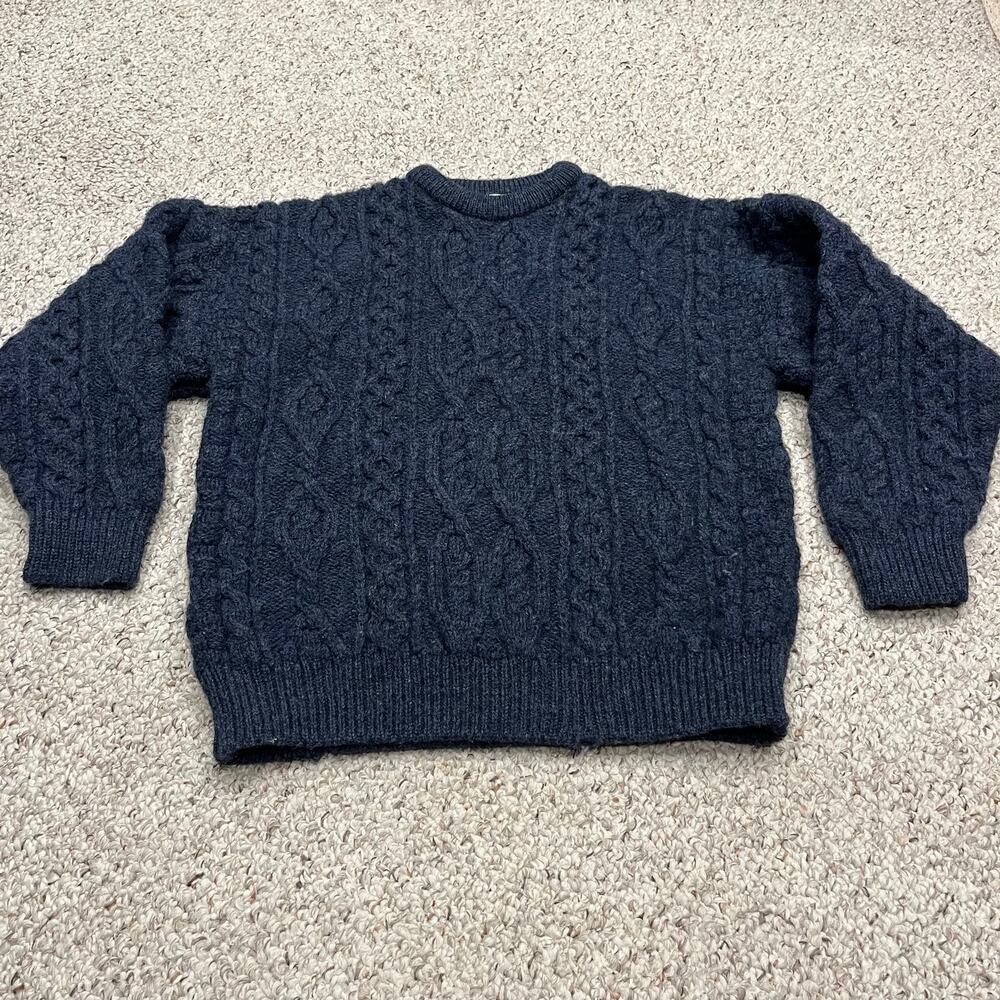 Aran Crafts Wool Cable Knit Crewneck Sweater L Navy Classic Cozy Cabincore